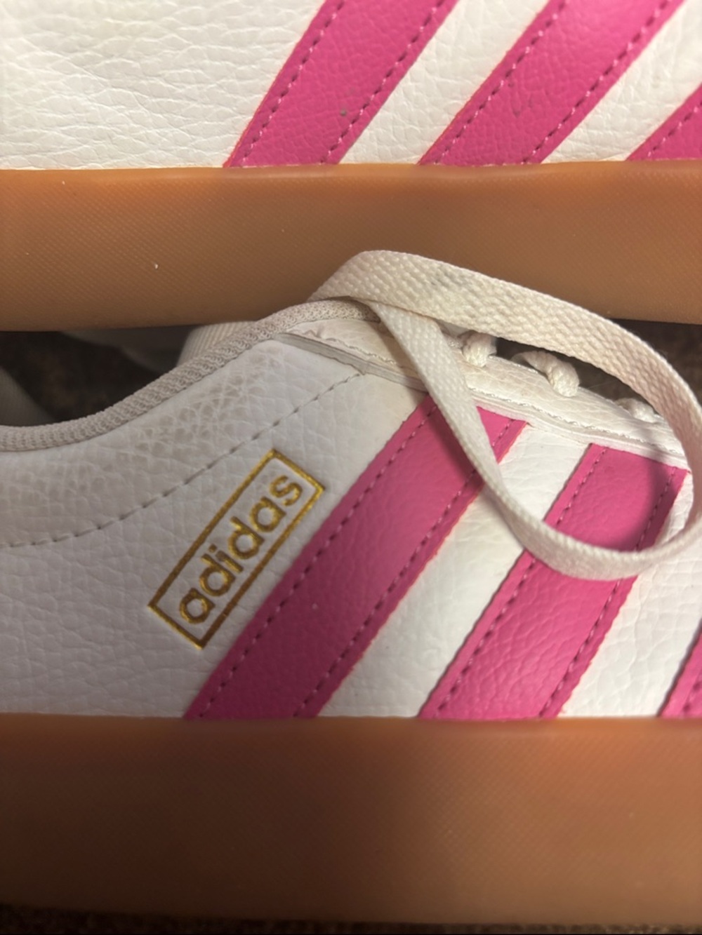 adidas Women’s Cream Sneakers with Pink Stripes and Gum Sole - Picture 3 of 4